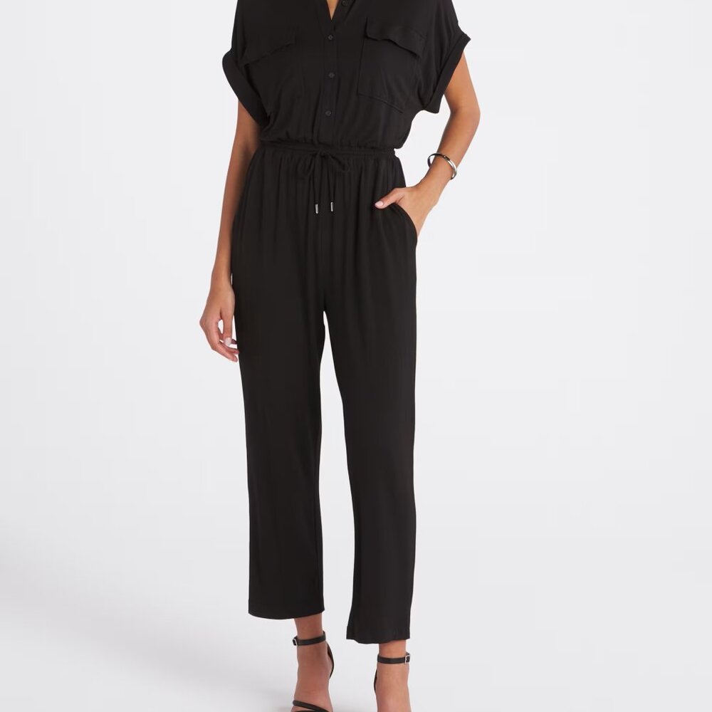Steve Madden Apparel, Alya Jumpsuit, Black, Small, Loose Fit, Short Sleeve. NWT